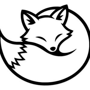 Könnte beinhalten: Schwarz-Weiß-Illustration eines zusammengerollten Fuchses. Der Fuchs hat eine kreisförmige Form, mit dem Schwanz um den Körper gewickelt. Der Fuchs hat geschlossene Augen und sein Fell ist mit scharfen Linien detailliert.