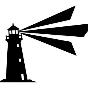 May include: A black silhouette of a lighthouse with a light beam emanating from the top. The lighthouse has a tall, cylindrical tower with windows and a small structure at the top. The light beam is composed of three large, triangular shapes.