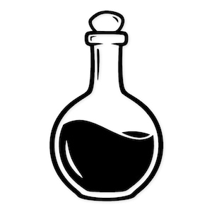 Puede incluir: Ilustración en blanco y negro de una botella de vidrio redonda con cuello estrecho y tapón pequeño. La botella está llena de un líquido oscuro, con un diseño minimalista.