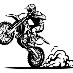 May include: Monochrome illustration of a motocross rider on a motorbike. The bike is in mid-air, front wheel raised. A cloud of smoke trails behind the rear tyre, indicating speed. The rider wears a helmet and protective gear, conveying action and movement.