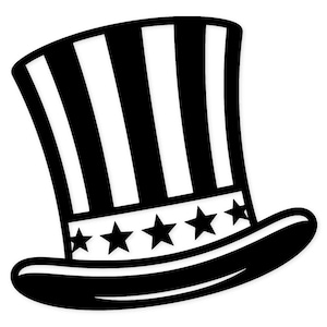 Puede incluir: Un sombrero negro y blanco del Tío Sam con rayas verticales y un ala. El sombrero presenta cinco estrellas blancas en una banda negra alrededor de la base. El diseño es un símbolo clásico del patriotismo y la independencia estadounidenses.