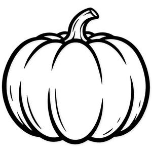 Puede incluir: Un dibujo lineal en blanco y negro de una calabaza. La calabaza es redonda con crestas verticales y un tallo curvo. El contorno es grueso y audaz, creando una representación gráfica simple del vegetal de otoño.