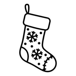 Può includere: Illustrazione in bianco e nero di una calza natalizia. La calza presenta un corpo bianco con motivi a fiocchi di neve e pois neri, un polsino nero e un anello per appenderla. La punta e il tallone sono anch'essi neri.