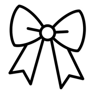 Peut inclure: Un dessin au trait noir et blanc d'un nœud. Le nœud a deux boucles de chaque côté et deux queues pointant vers le bas. Le centre du nœud est un cercle avec une ligne horizontale de chaque côté.