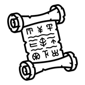 以下が含まれることがあります： 黒と白のイラストで、巻き終わりの巻物です。巻物には記号とテキストが含まれています。端はギザギザで、端はきつく巻かれています。画像は白い背景に設定されています。