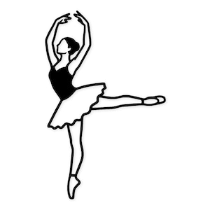 Puede incluir: Dibujo lineal en blanco y negro de una bailarina en una pose elegante. La bailarina lleva un maillot negro y un tutú blanco. Sus brazos están levantados por encima de la cabeza y una pierna está extendida. La imagen está sobre un fondo blanco.