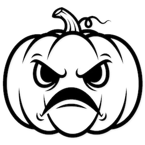 Puede incluir: Ilustración en blanco y negro de una calabaza con una cara enfadada. La calabaza tiene un tallo, cejas fruncidas y un bigote, transmitiendo una expresión severa. Ideal para productos temáticos de Halloween.