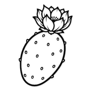 May include: Black and white illustration of a prickly pear cactus with a blooming flower. The cactus has an oval shape with small, evenly spaced dots. The flower is detailed with multiple petals.
