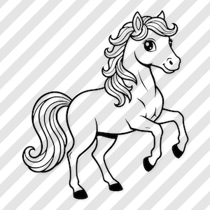 Könnte beinhalten: Schwarz-weiße Cartoon-Illustration eines Pferdes, das sich aufbäumt. Das Pferd hat eine fließende Mähne und einen Schweif mit einem freundlichen Gesichtsausdruck. Der Hintergrund hat diagonale Streifen.