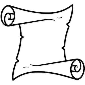 Könnte beinhalten: Schwarz-Weiß-Illustration einer Schriftrolle. Die Schriftrolle ist in der Mitte ausgerollt, die Enden sind aufgerollt. Die Ränder der Schriftrolle sind gezackt. Das Bild ist eine einfache, cartoonartige Zeichnung.