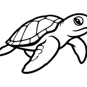 Puede incluir: Ilustración en blanco y negro de una tortuga marina. La tortuga se representa nadando, con sus aletas extendidas. El caparazón tiene un patrón geométrico, y la cabeza y las aletas están delineadas en negro.