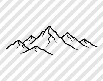 以下が含まれることがあります： 白黒の線画で描かれた山脈。さまざまな高さの山頂がいくつかあり、ギザギザの縁と岩の多い地形を示す詳細な線があります。デザインはシンプルでグラフィックです。