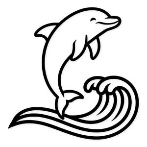 Könnte beinhalten: Schwarz-Weiß-Illustration eines Delfins, der aus einer stilisierten Welle springt. Der Delfin hat einen lächelnden Ausdruck und ist mit klaren, kräftigen Linien dargestellt. Die Welle ist ebenfalls schwarz umrandet.