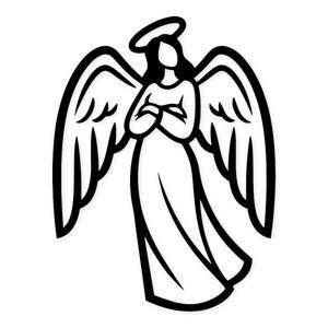 Könnte beinhalten: Schwarz-weiße Illustration eines Engels mit ausgebreiteten Flügeln. Der Engel trägt ein langes Gewand und hat einen Heiligenschein über dem Kopf. Die Arme des Engels sind vor der Brust verschränkt.