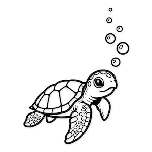 Puede incluir: Ilustración en blanco y negro de una tortuga marina nadando hacia arriba, con burbujas. La tortuga tiene un patrón de caparazón detallado y una expresión amigable, ideal para diseños acuáticos.