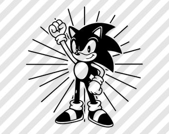 May include: Black and white illustration of Sonic the Hedgehog with his fist raised in a gesture of triumph. The character is surrounded by radiating lines, set against a striped background.