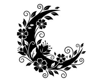 May include: Black floral crescent moon design with flowers, leaves, and swirling vines. The design features detailed petals and leaves, creating a decorative and elegant aesthetic. The artwork is set against a white background.