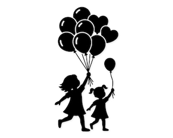 Joyful Kids With Balloons Svg Png: Minimalist Silhouette Design For Celebrations