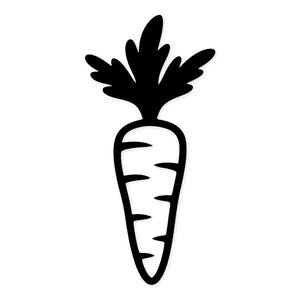 May include: A black and white illustration of a carrot. The carrot is a stylized drawing with a long, tapered body and several horizontal lines. The top of the carrot features a cluster of leafy greens.