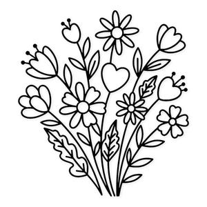 May include: A black and white line drawing of a bouquet of flowers. The bouquet includes various flower types, leaves, and a heart-shaped element. The illustration is simple and elegant, suitable for coloring or decorative purposes.