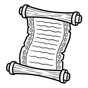 Pode incluir: Ilustração a preto e branco de um pergaminho com cavilhas de madeira. O papel tem linhas horizontais e bordas decorativas. O pergaminho está desenrolado, com as extremidades enroladas.