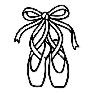 Puede incluir: Ilustración en blanco y negro de zapatillas de ballet con un gran lazo en la parte superior. Las cintas del lazo caen, entrelazándose con los zapatos. Los zapatos son de estilo ballet clásico.