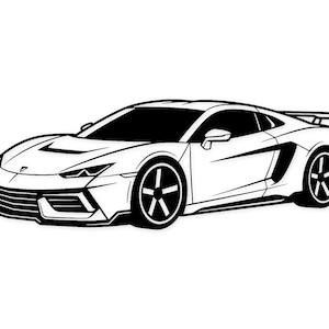 May include: A black and white illustration of a modern sports car. The car has a low, streamlined body, a distinctive front grille, large alloy wheels, and a rear spoiler. The image is a line drawing, highlighting the car's shape and features.
