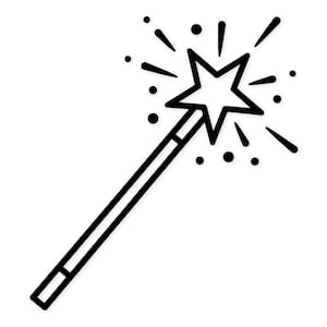 Puede incluir: Ilustración en blanco y negro de una varita mágica. La varita presenta una estrella en la parte superior con líneas y puntos radiantes, sugiriendo energía mágica. El mango de la varita es una línea recta simple.