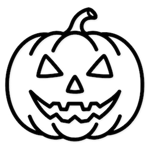 May include: A black and white line drawing of a Halloween pumpkin with a carved face. The pumpkin has triangular eyes, a triangular nose, and a jagged, toothy grin. The stem is curved.