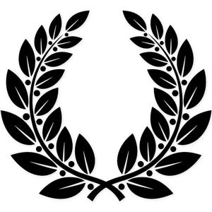 May include: Black laurel wreath illustration on a white background. The wreath is composed of symmetrical, stylized leaves and small circular accents. The design is a classic symbol of victory and achievement.
