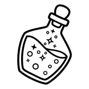 May include: Black and white illustration of a potion bottle with a cork stopper. The bottle contains liquid with bubbles and star-shaped sparkles. The outline is thick and bold, giving it a cartoonish appearance.