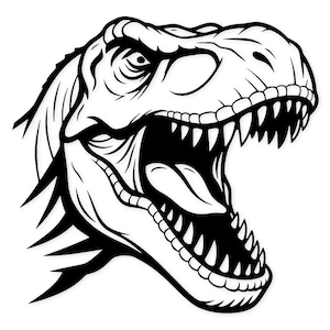 May include: A black and white illustration of a Tyrannosaurus Rex head with its mouth open, revealing sharp teeth and a long tongue. The dinosaur's eye is visible, and the image has a detailed, graphic style.