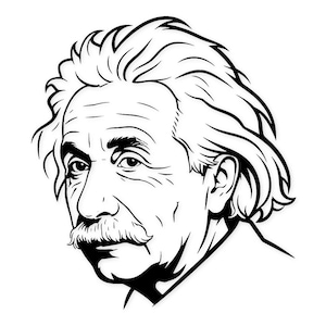 May include: Black and white line art portrait of Albert Einstein. The image features a detailed depiction of Einstein's face, including his distinctive hair, mustache, and facial features. The artwork is a classic representation of the iconic scientist.