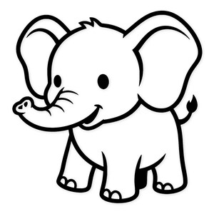 Könnte beinhalten: Schwarz-weiße Cartoon-Illustration eines lächelnden Baby-Elefanten. Der Elefant hat große Ohren, einen Rüssel und einen kleinen Schwanz. Das Bild ist ein einfaches, klares Design, ideal für Kinderprodukte.