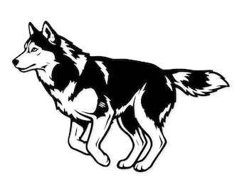 May include: A black and white illustration of a running husky dog. The dog is depicted in profile, with its body in motion, showcasing its fur pattern and muscular build. The artwork is a clean, graphic design.