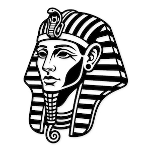 May include: A black and white illustration of an Egyptian pharaoh's head, featuring a striped headdress with a cobra, a detailed face, and a stylized beard. The image is a graphic design, likely for a sticker or print.