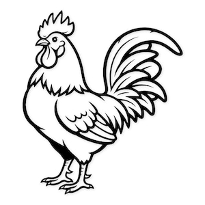 Puede incluir: Ilustración en blanco y negro de un gallo. La imagen muestra un perfil del gallo, destacando su cresta, barbilla y detallado plumaje. El diseño es limpio y gráfico, adecuado para diversas aplicaciones.