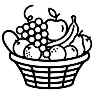 Op de afbeelding: Een zwart-witte lijntekening van een mand vol fruit. De mand bevat druiven, appels, sinaasappels, een banaan en peren. De afbeelding is een eenvoudige, gestileerde illustratie.