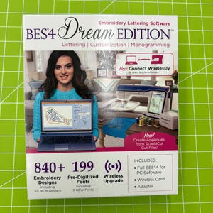 May include: A product box for BES4 Dream Edition Embroidery Lettering Software. The box features text, a laptop displaying a bird design, a Brother embroidery machine, and lists 840+ embroidery designs, 199 pre-digitized fonts, and a wireless upgrade.