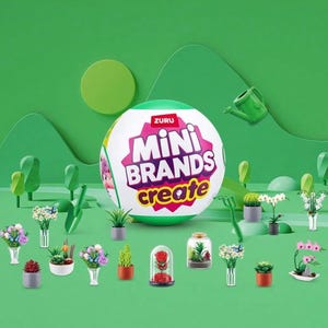 May include: A selection of miniature plants and gardening tools are displayed against a green backdrop. A large ball with the text "MINI BRANDS create" is central. The miniature plants include succulents, flowers, and a rose in a glass dome.