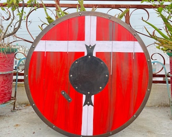 Escudo vikingo medieval de madera roja hecho a mano, decoración de guerrero nórdico, accesorio de cosplay para colgar en la pared.
