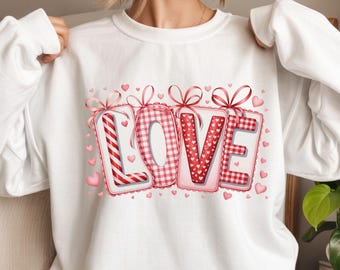 LOVE Coquette PNG Valentine Design, Pink Patchwork Love Clipart for T-Shirt, Sticker, Sublimation & POD
