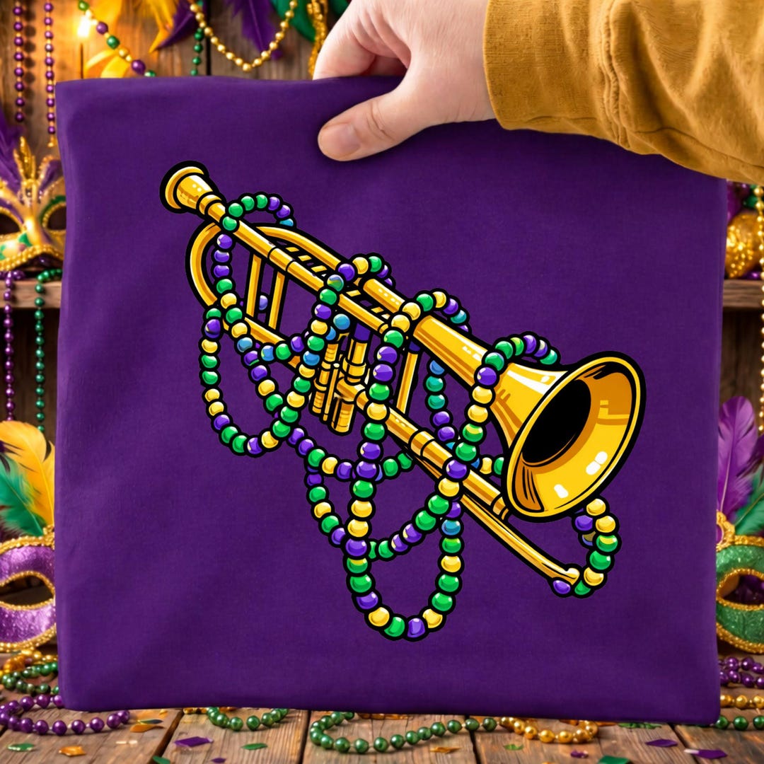 Mardi Gras Trumpet PNG, Carnival Beads Horn PNG, Purple Green Gold Jazz