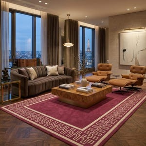 2. Burgundy & Ivory Greek Key Rug, Handmade Tufted Wool Area Rug, Geometric Maze Border Carpet, Luxury Designer Rug for Living Room