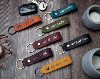 Personalised Leather Keyring Keychain Key Ring Fob Gift for Him and Her Handmade Birthday Christmas Present with Custom Message Name Phrase