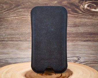 Apple iPhone 15 Pro/Max/Plus Sleeve Case Pouch - Navy Blue - Italian Leather - Handmade in UK - Apex Design