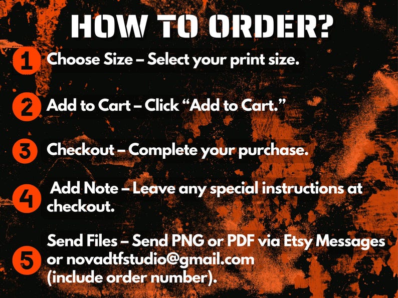 May include: A black and orange graphic with the text "HOW TO ORDER?" and numbered steps: Choose Size, Add to Cart, Checkout, Add Note, and Send Files. The instructions are in white text against a textured background.