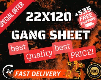 Custom DTF Gang Sheet 22x120, Ready to Press Heat Transfers, Iron On Bulk Transfer