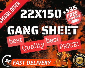 Custom DTF Gang Sheet 22x150, Ready to Press Heat Transfers, Iron On Bulk Transfer