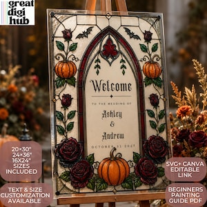 Welkomstbord voor een gotische Halloween-bruiloft - Ontwerp met gotische boog in gebrandschilderd glas - Zelf te schilderen en te printen - Bewerkbare gotische bruiloftsdecoratie